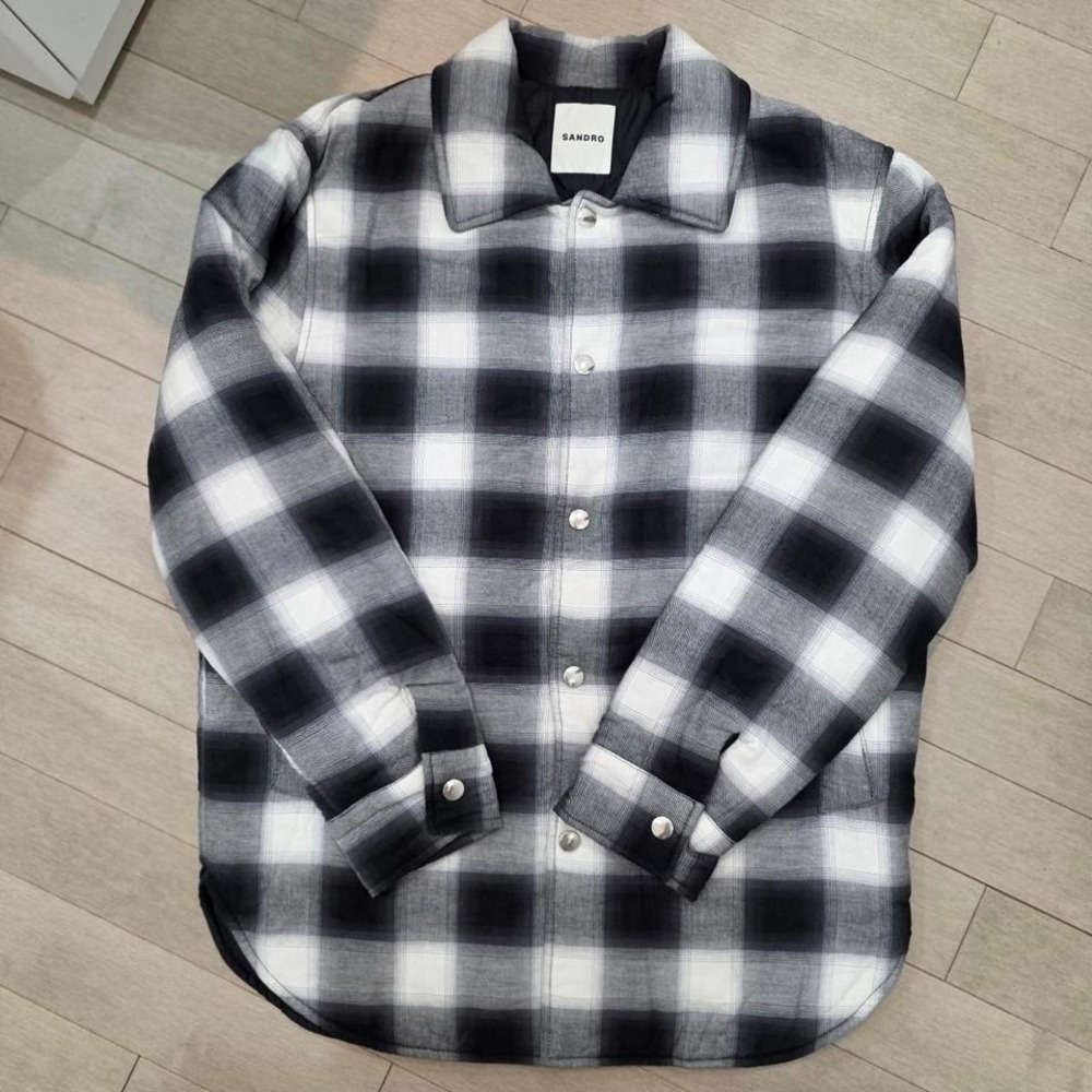Sandro Paris Men Noir Blanc Grunge Overshirt Plaid Quilted Jacket SHPBL00718 L